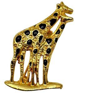 Gold-Tone Giraffe & Baby Calf Brooch With Black Enamel Spots Vintage